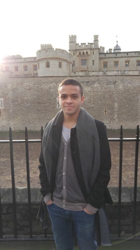 Cristian Dávila in front of an Old Castle in the United Kingdom 2016
