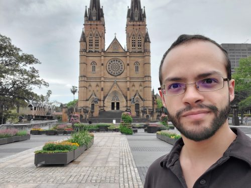 Cristian Dávila in front of Saint Mary's Cathedral in Sydney Australia 2023